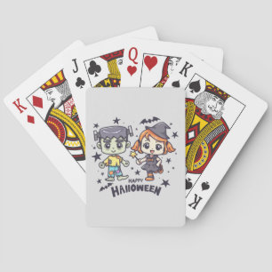 Schattige heksenmeisje en ondeugende zombiejongen pokerkaarten