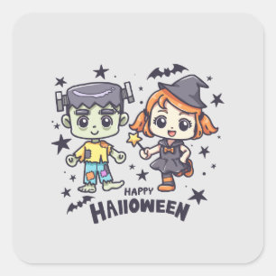 Schattige heksenmeisje en ondeugende zombiejongen vierkante sticker