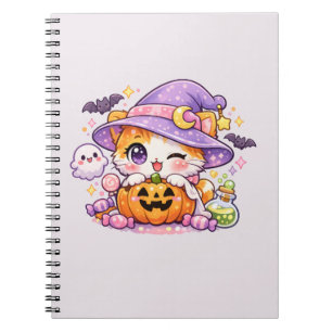 Schattige Heksenpompoenkitty – Kawaii Halloweenkat Notitieboek