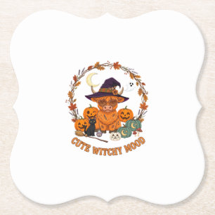 Schattige Hekserige Stemming Halloween Hoogland Ko Kartonnen Onderzetters