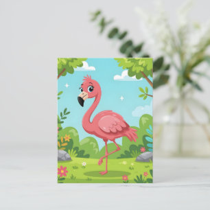 Schattige helder roze flamingo in tuin briefkaart