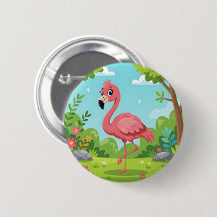 Schattige helder roze flamingo in tuin ronde button 5,7 cm