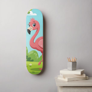 Schattige helderroze flamingo in tuin persoonlijk skateboard