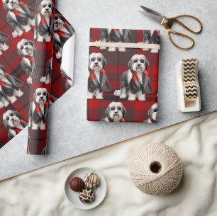 Schattige herdershond en rode karostof leuk kerstf cadeaupapier