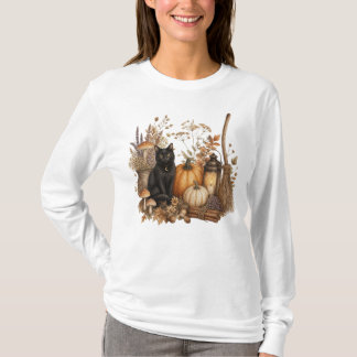 Schattige herfst bloemige pompoen Halloween kat he T-shirt