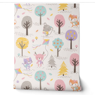 Schattige herfst bosdieren met vliegers en bomen behang