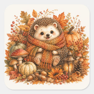 Schattige herfst egel waterverf pompoen bos vierkante sticker