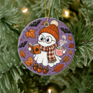 Schattige herfst Halloween-geest met warme chocola Keramisch Ornament