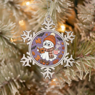 Schattige herfst Halloween-geest met warme chocola Tin Sneeuwvlok Ornament