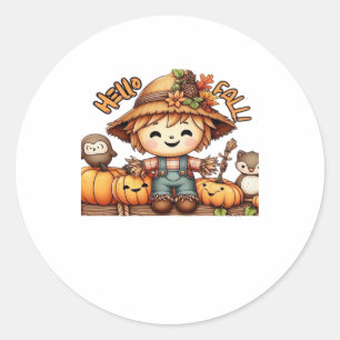 Schattige herfst vogelverschrikker met pompoenen o ronde sticker