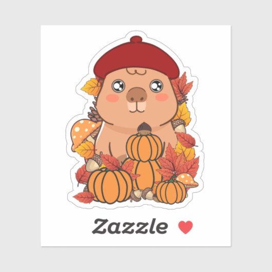 Schattige herfstcapybara met pompoenen en rode bar sticker (Vel)