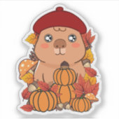 Schattige herfstcapybara met pompoenen en rode bar sticker (Voorkant)