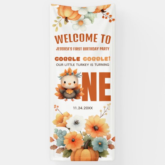 Schattige herfstkalkoen Thanksgiving 1e verjaardag Spandoek (Verticaal)