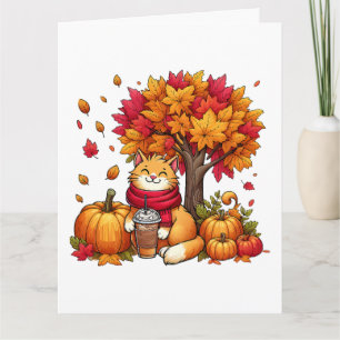 Schattige herfstkat met ijskoude koffiepompoenen kaart