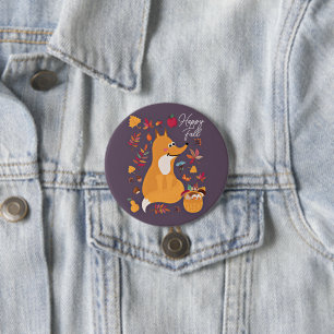 Schattige herfstvos met aangepaste tekst ronde button 7,6 cm