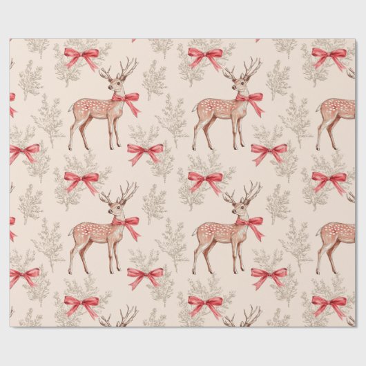 Schattige hert met Red Bow Neutral Christmas Cadeaupapier (Vlak)