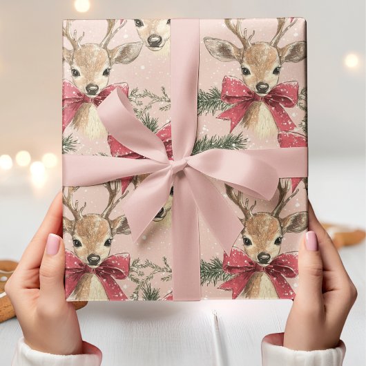 Schattige hert met Red Bow Neutral Christmas Cadeaupapier