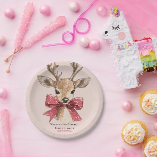 Schattige hert met Red Bow Neutral Christmas Papieren Bordje (Feest)