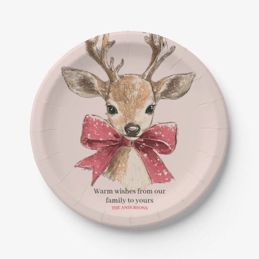 Schattige hert met Red Bow Neutral Christmas Papieren Bordje (Voorkant)