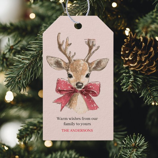 Schattige hert met rode strik | Roze Kerstmis Cadeaulabel