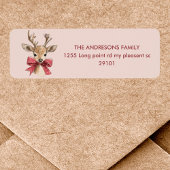 Schattige hert met rode strik | Roze Kerstmis Etiket