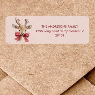 Schattige hert met rode strik Roze Kerstmis Etiket
