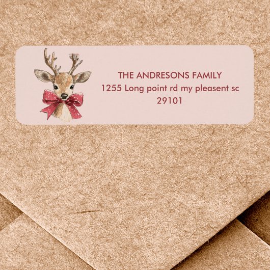 Schattige hert met rode strik | Roze Kerstmis Etiket