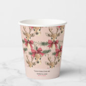 Schattige hert met rode strik | Roze Kerstmis Papieren Bekers (Voorkant)