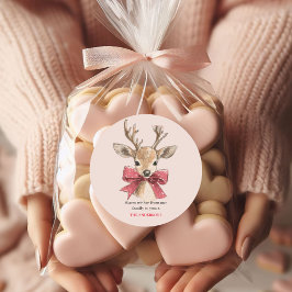 Schattige hert met rode strik | Roze Kerstmis Ronde Sticker