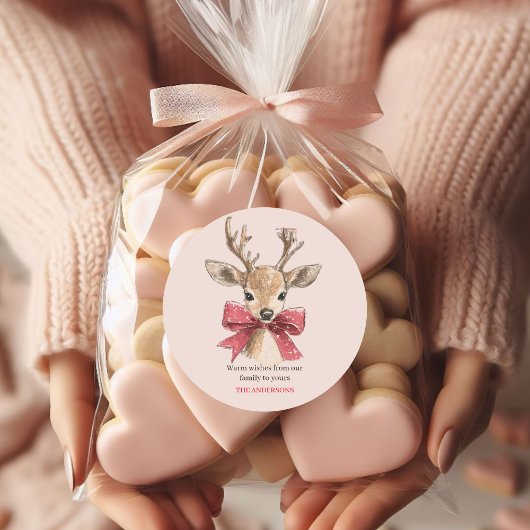 Schattige hert met rode strik | Roze Kerstmis Ronde Sticker