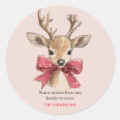 Schattige hert met rode strik | Roze Kerstmis Ronde Sticker (Voorkant)