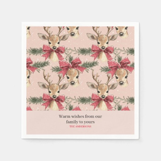 Schattige hert met rode strik | Roze Kerstmis Servet (Voorkant)