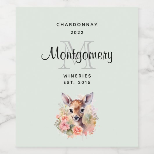 Schattige hert omgeven door Rozen monogram wijnber Wijn Etiket (Enkel label)