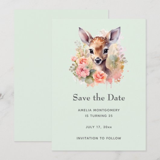 Schattige hert omgeven door Rozen Save The Date (Voorkant / Achterkant)