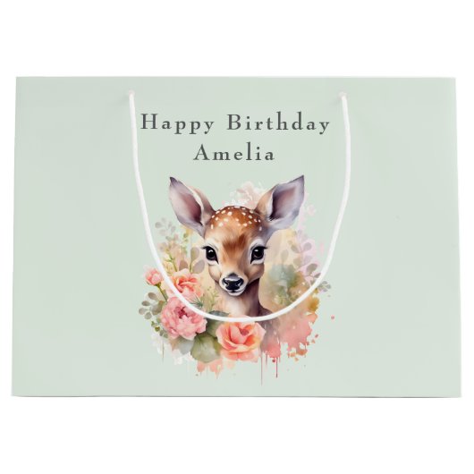 Schattige hert omgeven door Rozen verjaardag Groot Cadeauzakje (Voorkant)