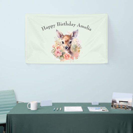 Schattige hert omgeven door Rozen verjaardag Spandoek (Beurs)