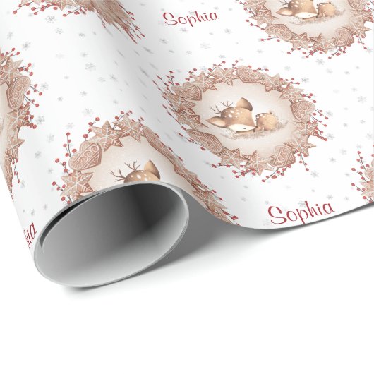 Schattige hert rood beige naam kerst wrapping papi cadeaupapier (Rol Hoek)