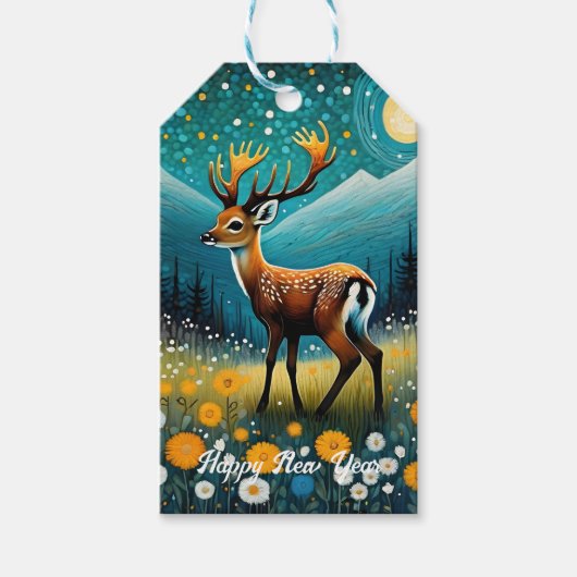 Schattige Herten Bloemen Meadow Fantasy Nieuwjaar Cadeaulabel (Voorkant)