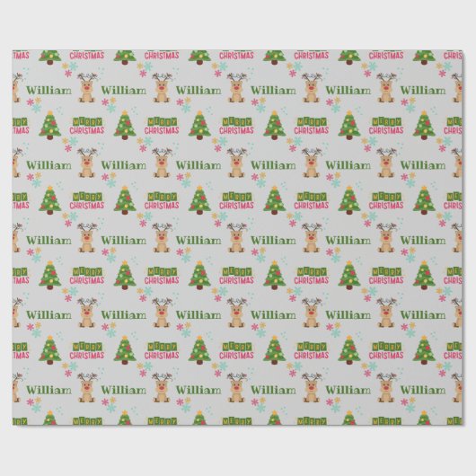 Schattige Herten en Kerstboom Doodle Gepersonalise Cadeaupapier (Vlak)