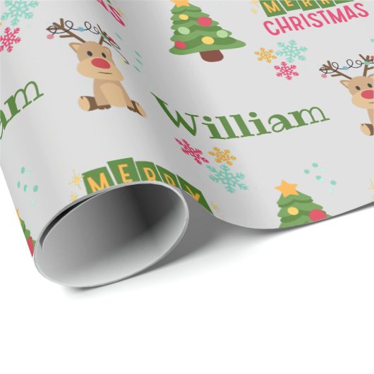 Schattige Herten en Kerstboom Doodle Gepersonalise Cadeaupapier (Rol Hoek)