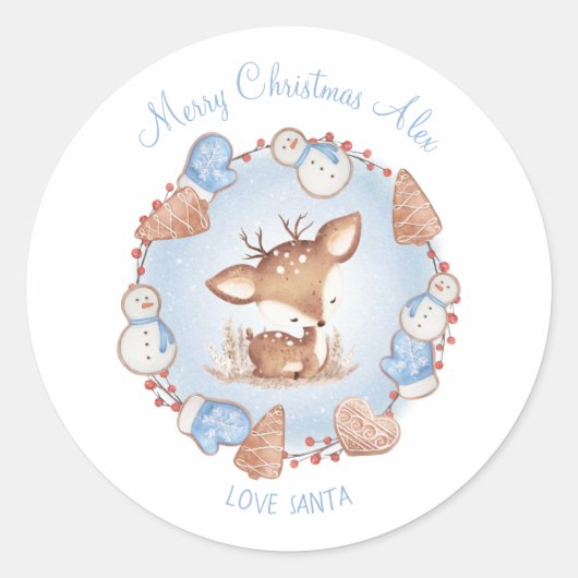 Schattige Herten Kerst stickers Blauwe Naam (Voorkant)