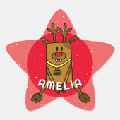 Schattige Herten Rood Kerst Kind`s Naam Ster Sticker (Voorkant)