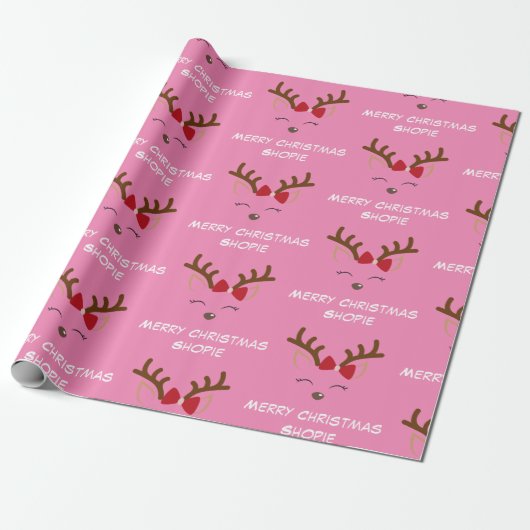 Schattige herten roze aangepaste naam cadeau kerst cadeaupapier (Uitgerold)