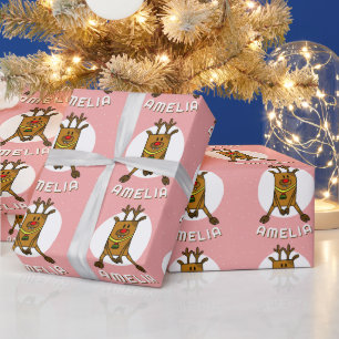 Schattige Herten Roze Kerst Kind`s Naam Cadeaupapier