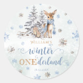 Schattige Herten Winter Onederland Blauw 1e Verjaa Ronde Sticker (Voorkant)