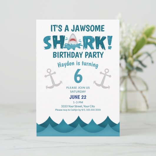 Schattige Het is een Jawsome Shark Birthday Party Kaart (Staand voorkant)