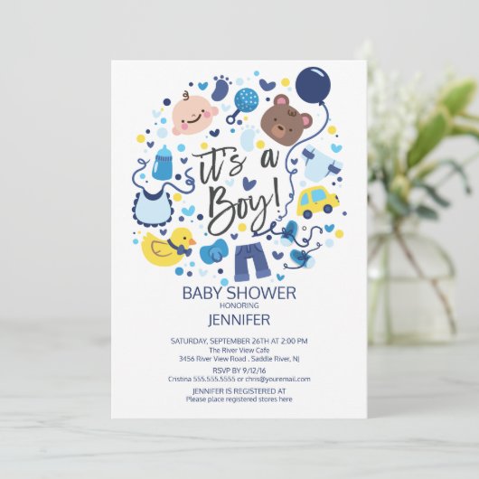 Schattige Het is een jongen! Boys Baby shower Invi Kaart (Staand voorkant)