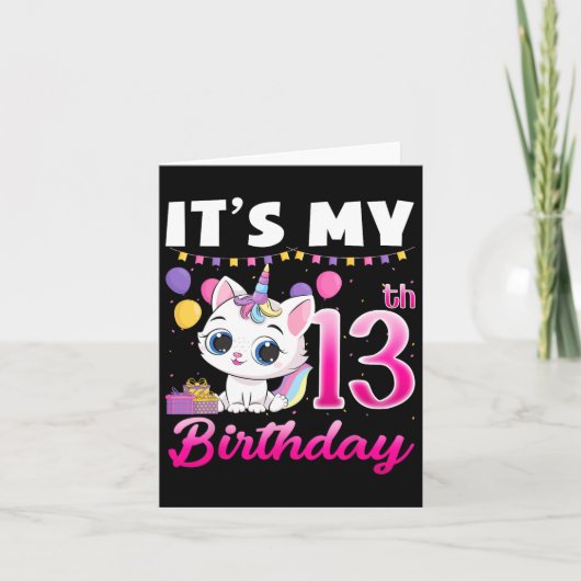 Schattige Het is Mijn 13e Verjaardag Kat Eenhoorn  Kaart (Voorkant)