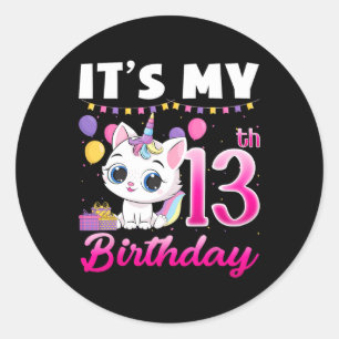 Schattige Het is Mijn 13e Verjaardag Kat Eenhoorn  Ronde Sticker