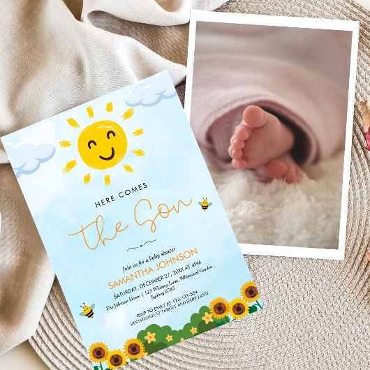 Schattige hier komt de Son Baby shower uitnodiging